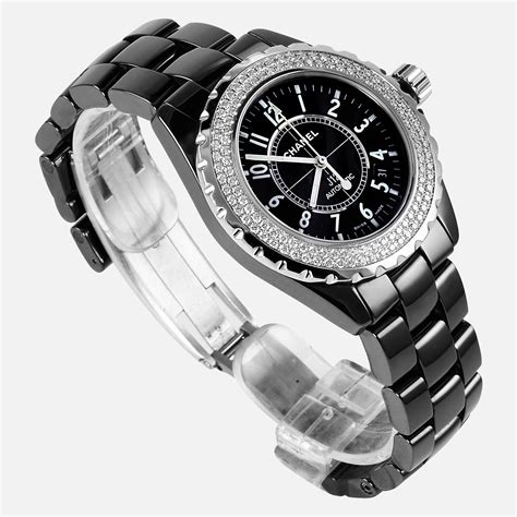 black ceramic chanel j12 watch with a diamond bezel|Chanel j12 white watch price.